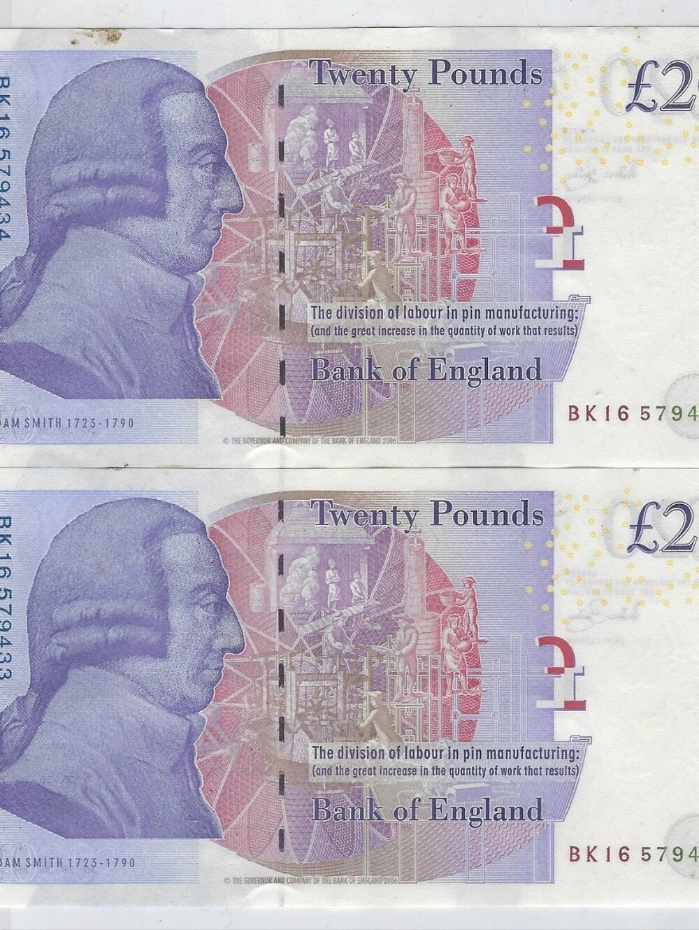 Two Great Britain 20 Pound Notes  Queen Elizabeth Adam Smith Circulated Euro - Picture 2 of 4